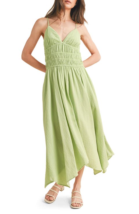 Smocked Handkerchief Hem Midi Dress