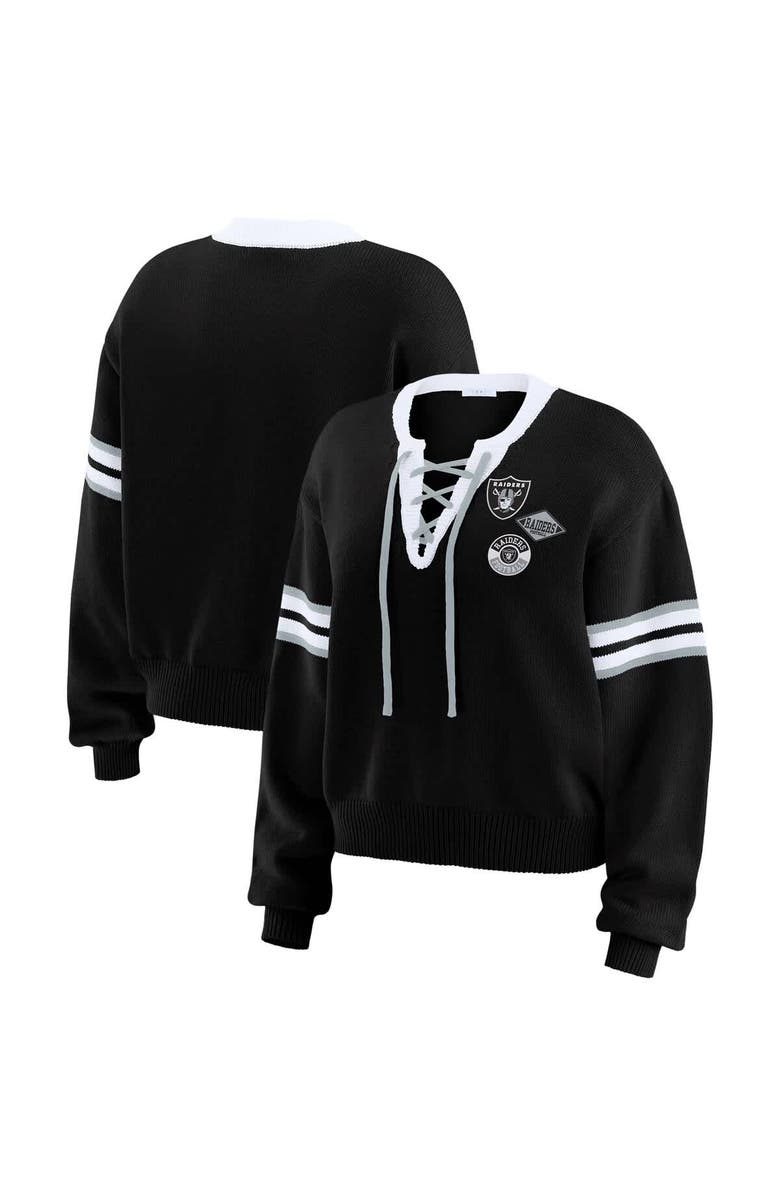 WEAR by Erin Andrews Women's WEAR by Erin Andrews Black Las Vegas Raiders Lace-Up Pullover Sweatshirt, Main, color, Black