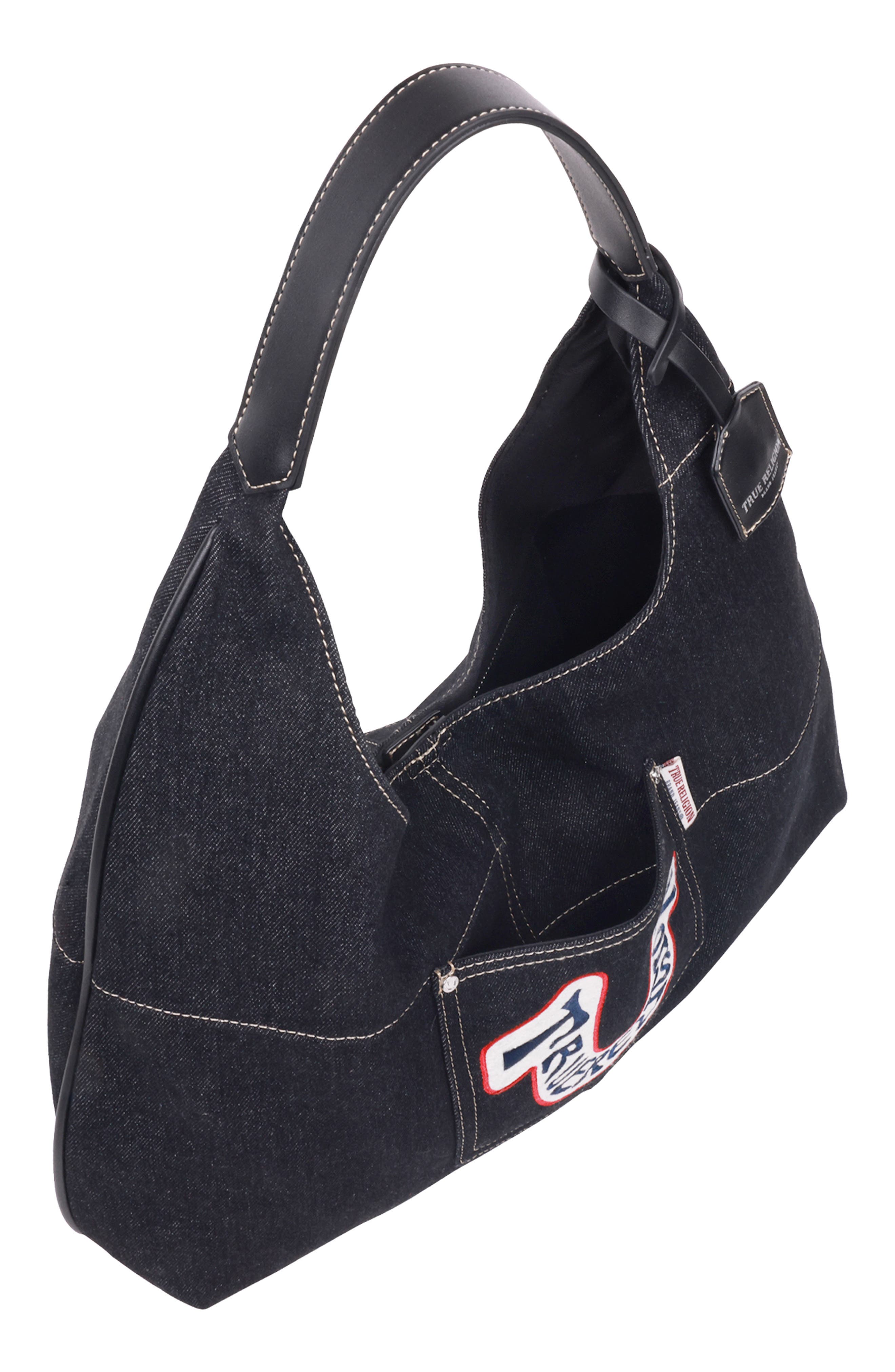 True Religion Retro Logo Denim Hobo Bag, Alternate, color, Black