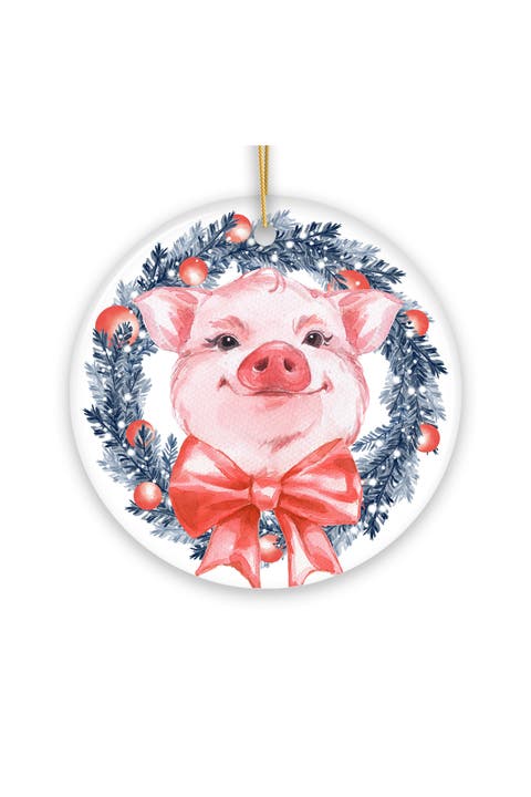 Watercolor Pig In Evergreen Wreath Ornament