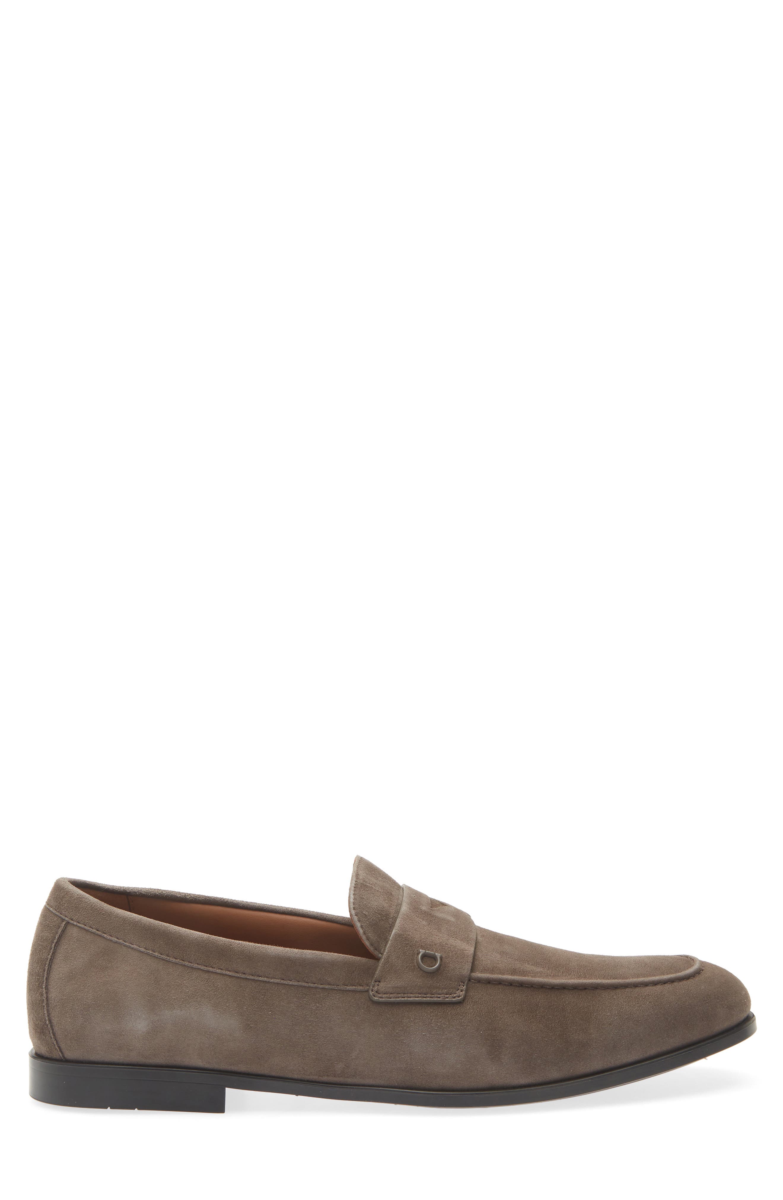 FERRAGAMO Tiberio Suede Penny Loafer, Alternate, color, Elefante Nutmeg
