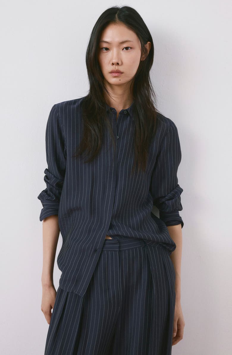 MANGO Pinstripe Wide Leg Pants, Alternate, color, Navy