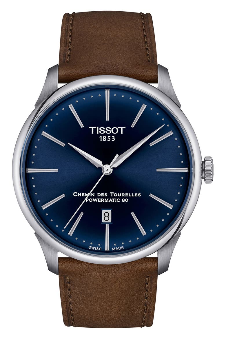 TISSOT CHEMIN DES TOURELLES 自動巻き時計 Chemin des Tourelles Powermatic 80 Leather Strap Watch, 42mm (Men