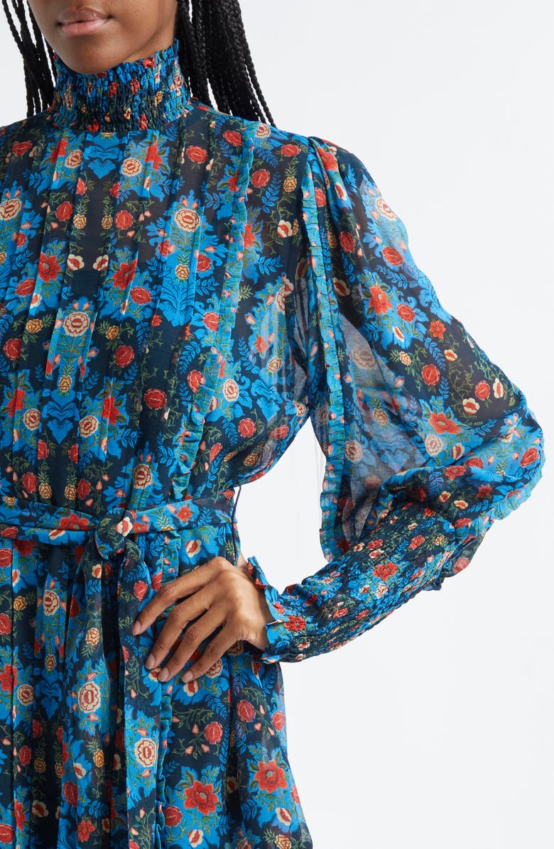 FARM Rio Blue Arabesque Floral Belted Turtleneck Minidress, Alternate, color, 