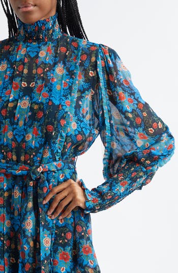 Blue Arabesque Floral Belted Turtleneck Minidress