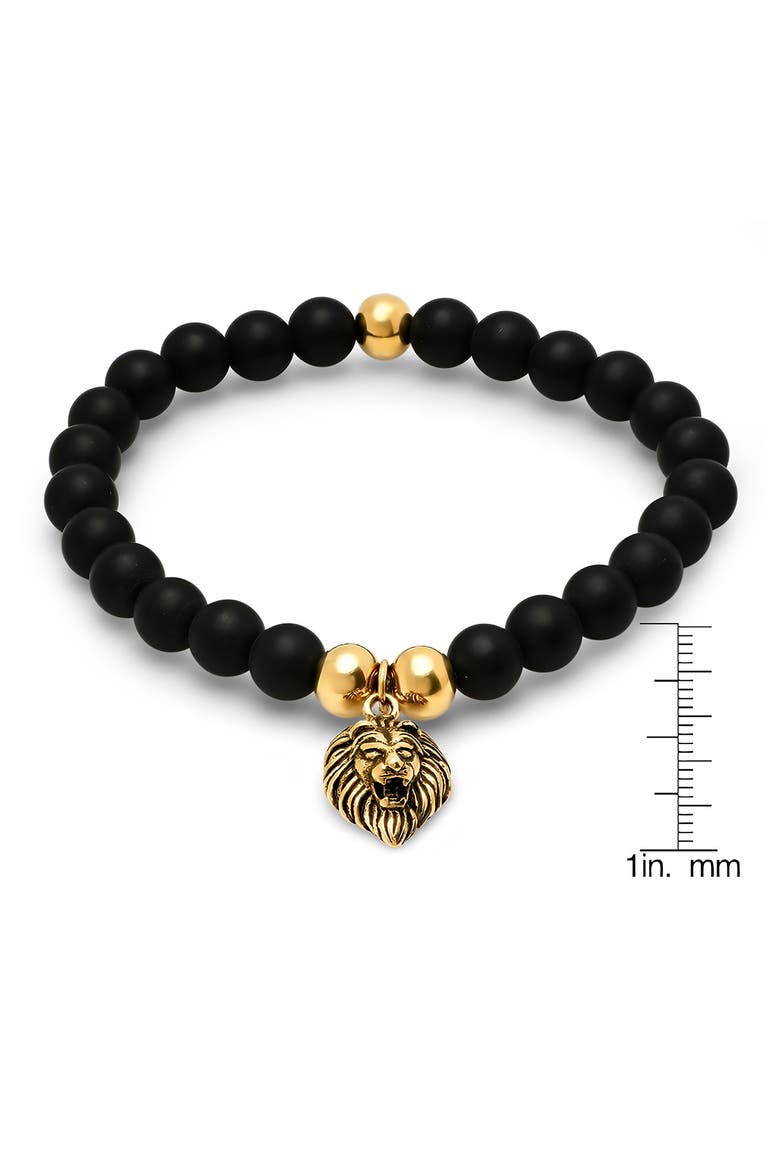 Men's 18K Gold Plated Stainless Steel Lion Charm Lava Beaded Stretch Bracelet, Alternate, color, GOLD/BLACK