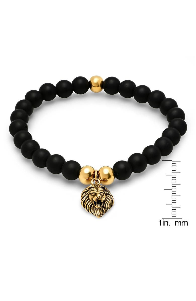 HMY JEWELRY Men's 18K Gold Plated Stainless Steel Lion Charm Lava Beaded Stretch Bracelet, Alternate, color, Gold/Black