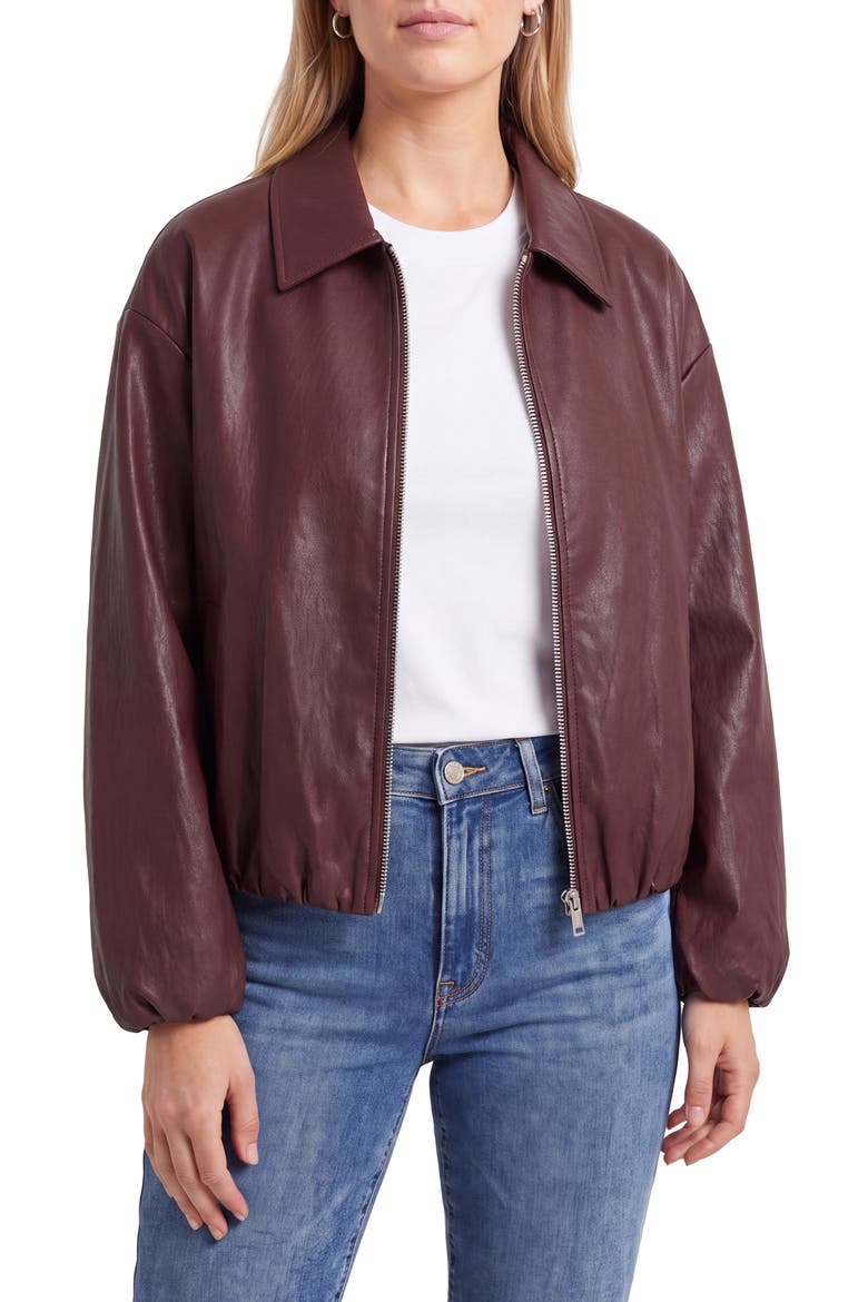 Faux Leather Zip Front Bubble Jacket, Alternate, color, BORDEAUX