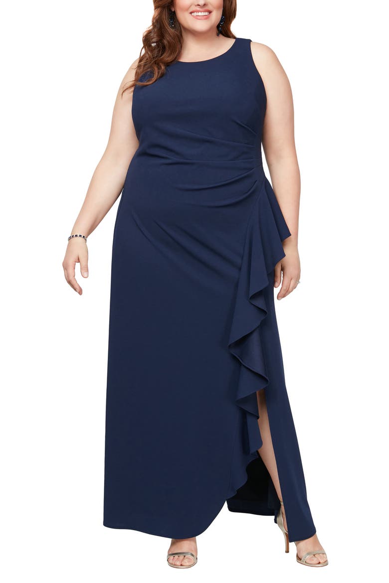 Cascade Ruffle Sleeveless Gown, Main, color, NAVY