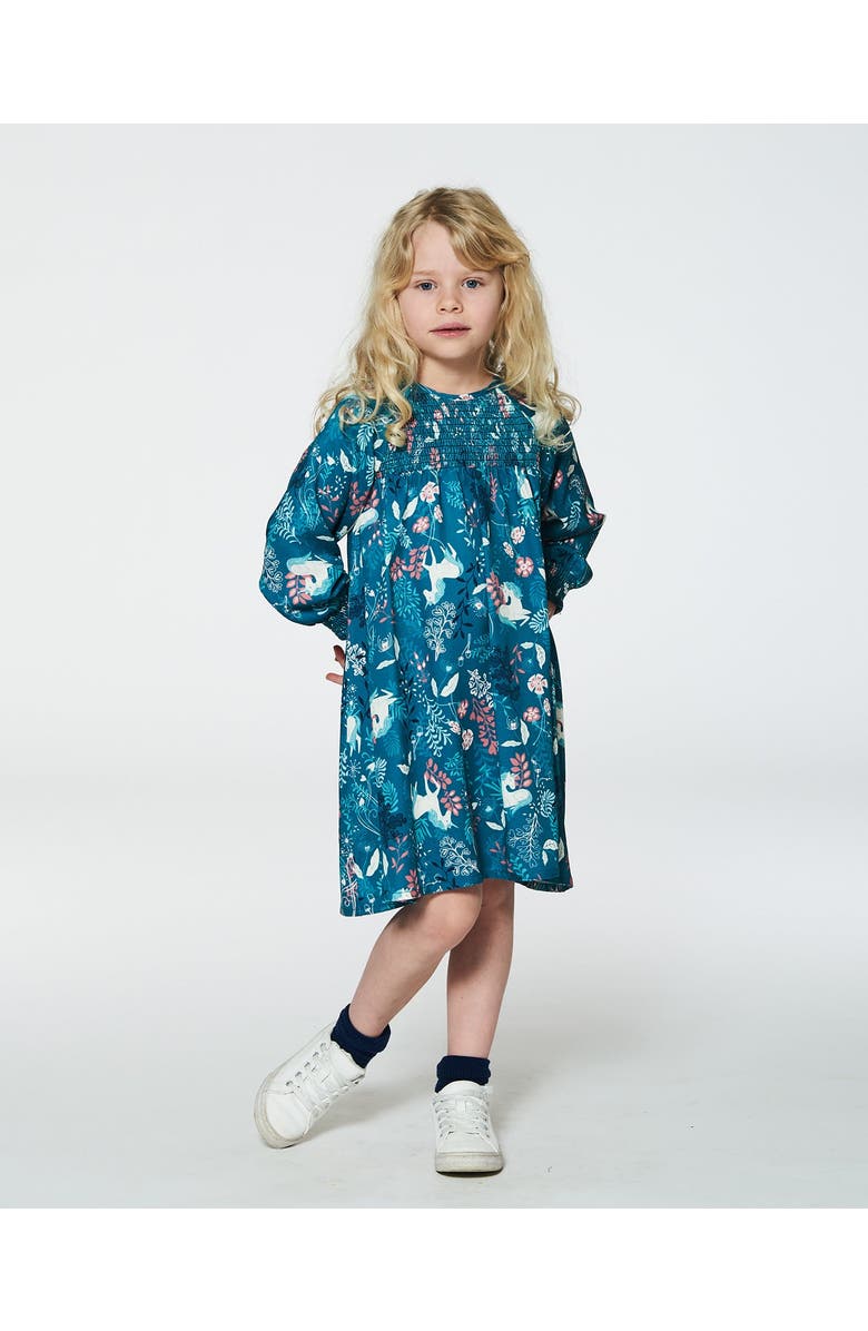 Deux par Deux Girl's Puffy Long Sleeve Viscose Dress Turquoise Printed Fairy Unicorn, Alternate, color, 