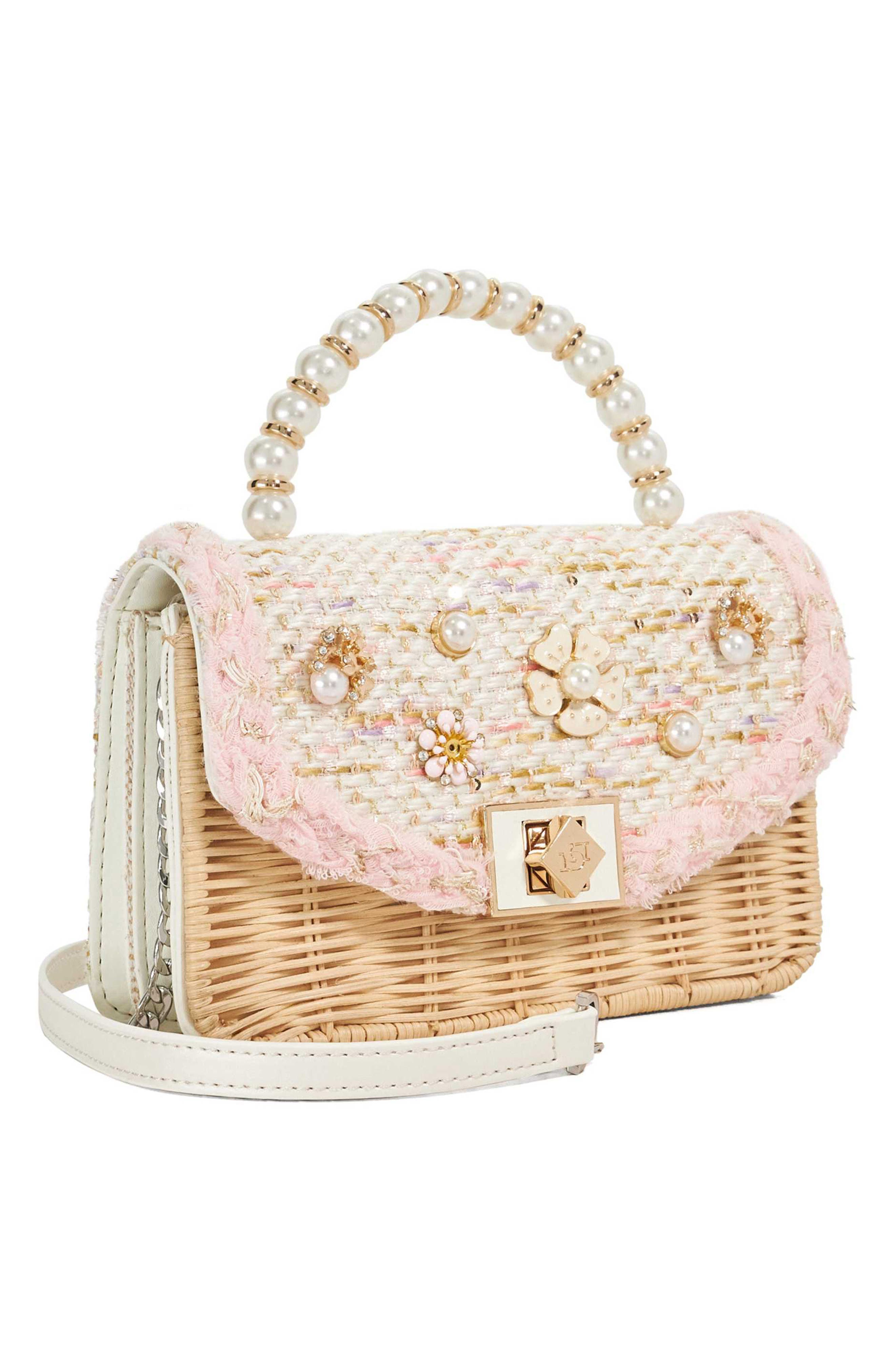 Dune London Blooms Woven Rattan Shoulder Bag, Alternate, color, Blush
