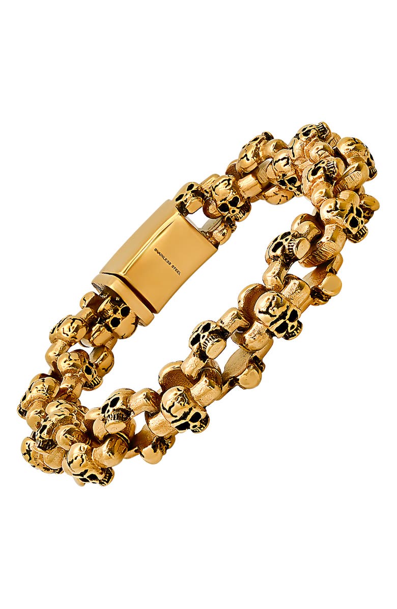 HMY JEWELRY Men's 18K Gold Plated Stainless Steel Skull Link Bracelet, Alternate, color, Gold