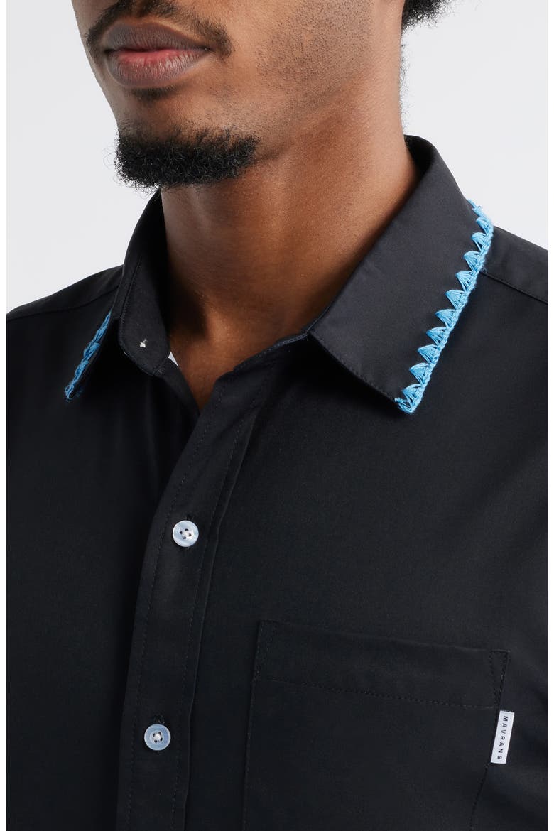 Weekend Crochet Trim Short Sleeve Performance Button-Up Shirt, Alternate, color, BLACK