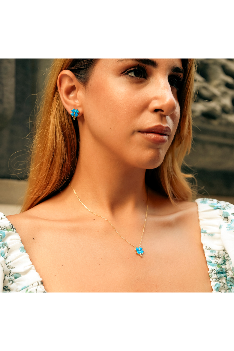 Blue Opal Four Leaves Clover Sterling Silver Stud Earring, Alternate, color, Gold