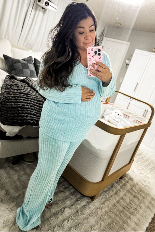 Pinkblush Ribbed Soft Knit Long Sleeve Pajama Set In Blue