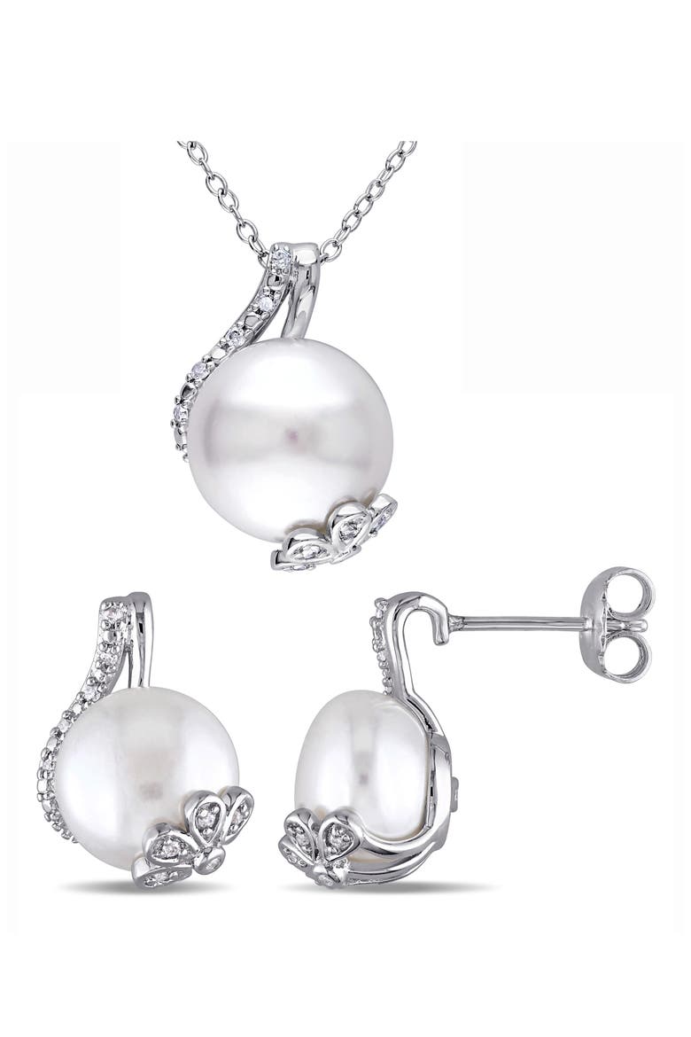 Cultured Freshwater Pearl Pendant Necklace & Stud Earrings Set, Main, color, SILVER/ PEARL