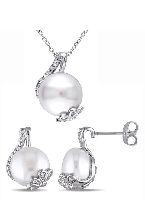 Cultured Freshwater Pearl Pendant Necklace & Stud Earrings Set