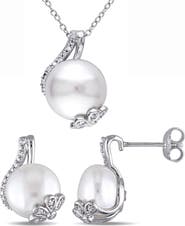 DELMAR Cultured Freshwater Pearl Pendant Necklace & Stud Earrings Set