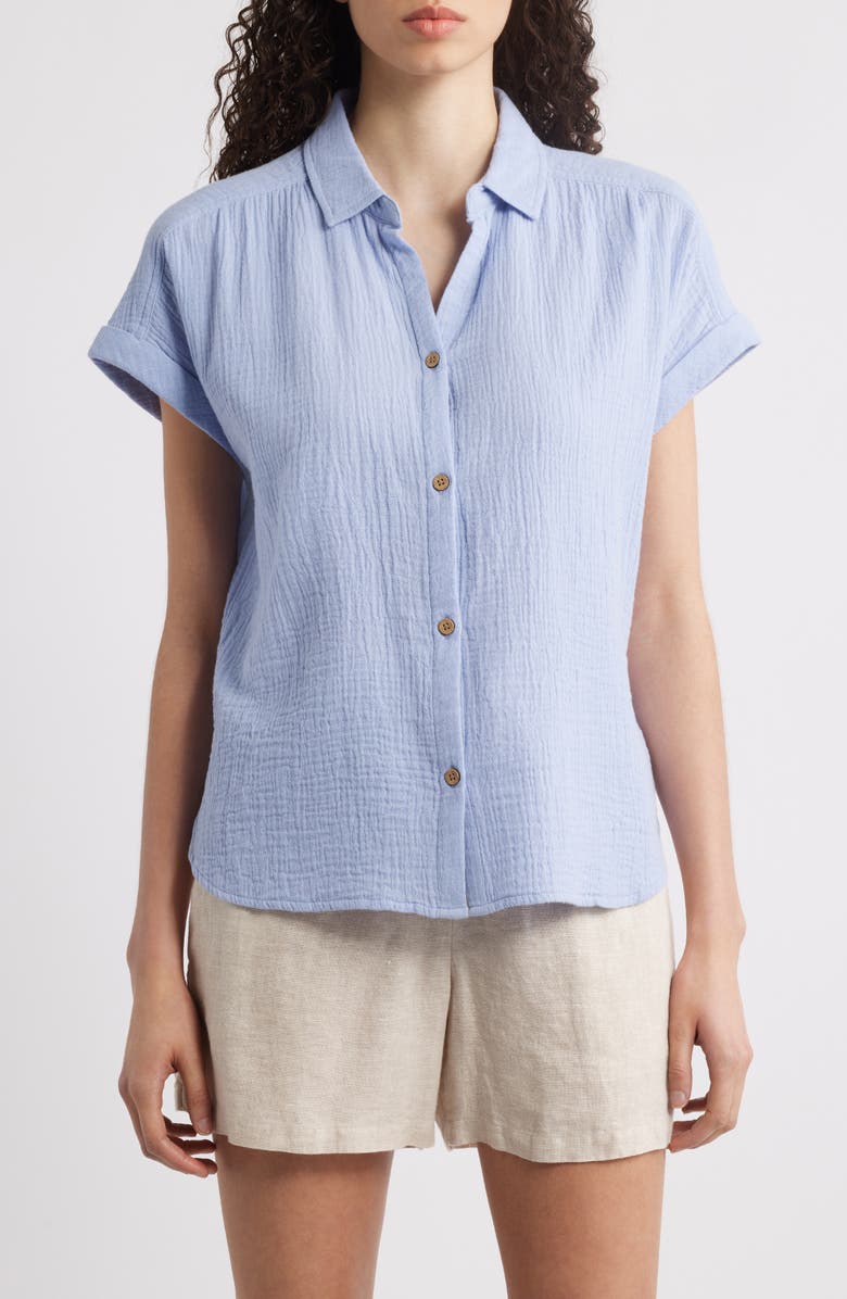 beachlunchlounge Dawson Short Sleeve Cotton Button-Up Shirt, Main, color, Light Denim