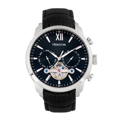Arthur Semi-Skeleton Leather-Band Watch w/ Day/Date