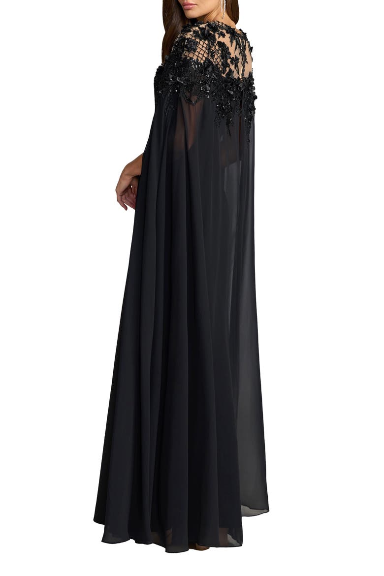 Floral Embellished Crepe Gown With Chiffon Cape, Alternate, color, Black