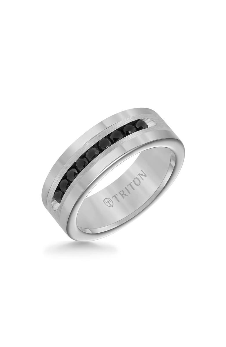 Triton 8MM Ring with Channel Set Black Diamonds Silver Satin Finish and Round Edge, Main, color, Metallic Silver