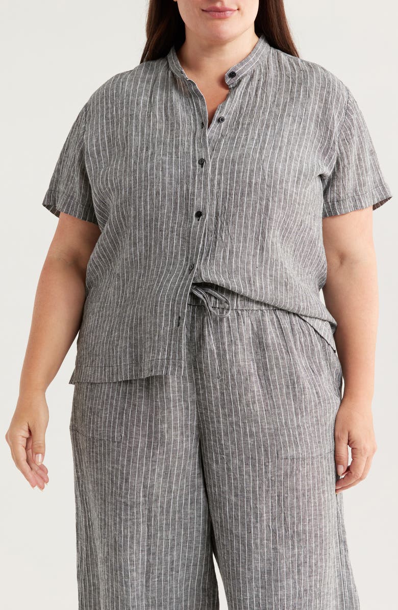 Eileen Fisher Mandarin Collar Organic Linen Button-Up Shirt, Alternate, color, Black/ White