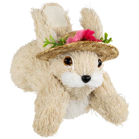 Rabbit With Floral Straw Hat Easter Figurine - 8.75" - Beige