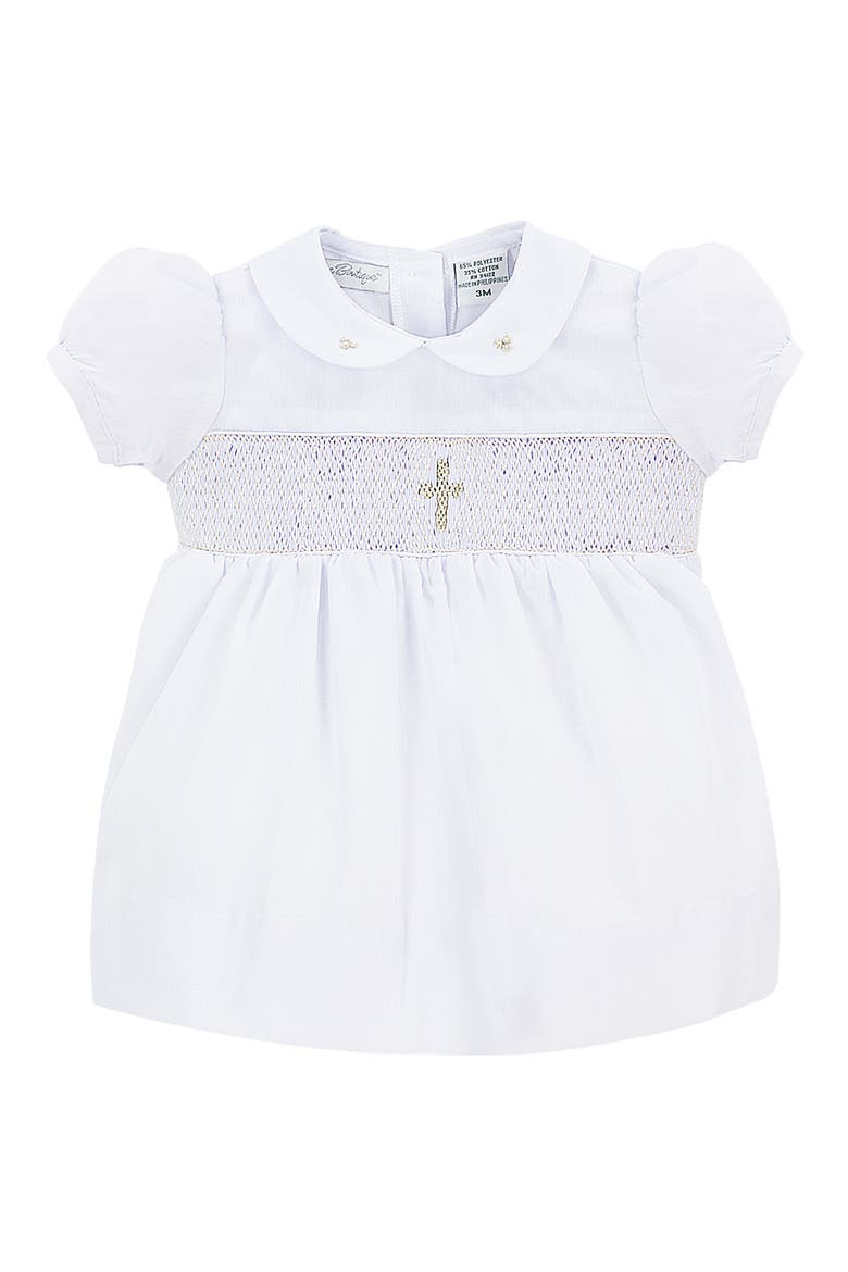 Smocked Inset Christening Gown & Bonnet Set, Main, color, WHITE