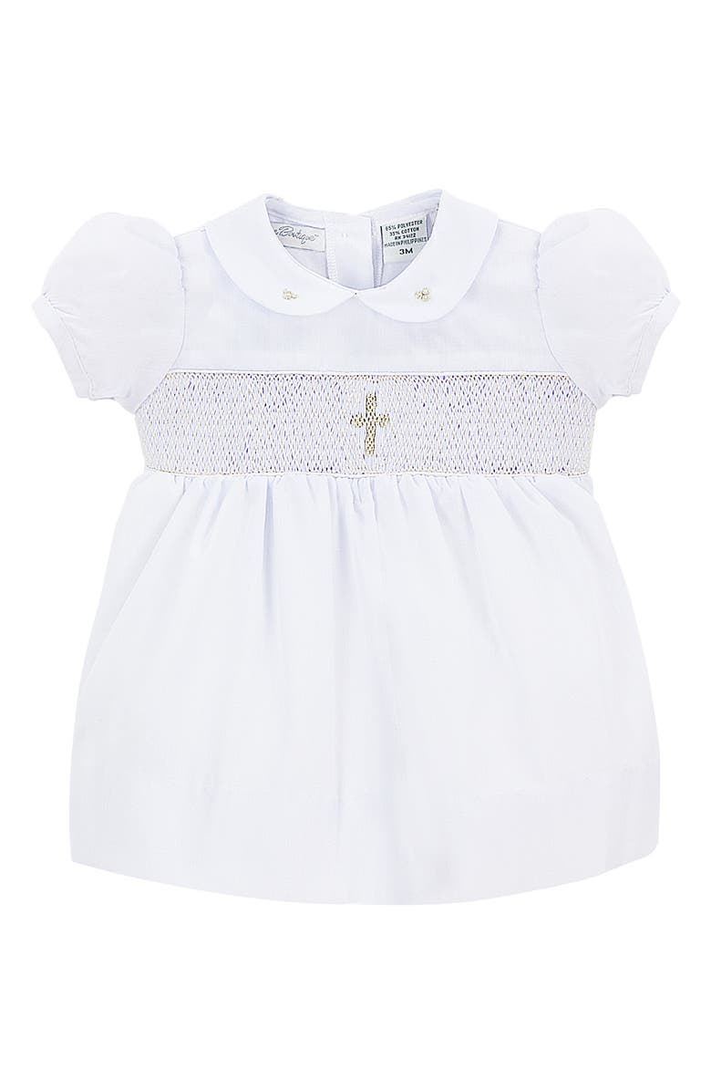 Carriage Boutique Smocked Inset Christening Gown & Bonnet Set, Main, color, White