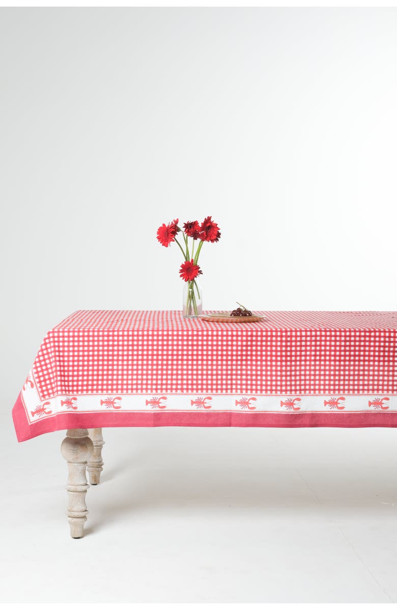 Inner Child Lobster Red Gingham Blockprint Tablecloth, Alternate, color, 60X90