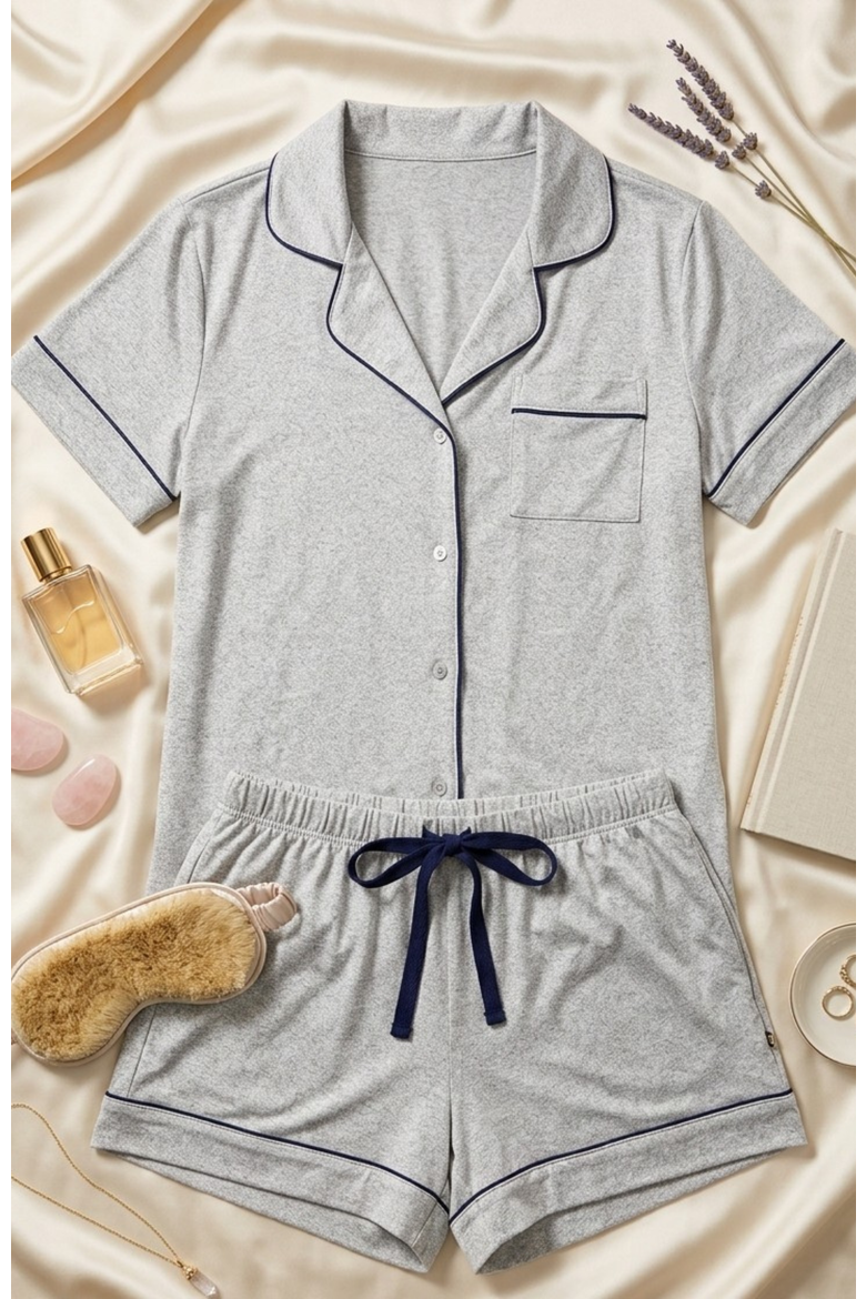 Yummy Jersey Notched Collar & Short Pajama set, Alternate, color, Grey