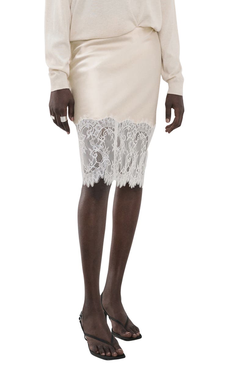 MANGO Lace Trim Satin Midi Skirt, Main, color, 
