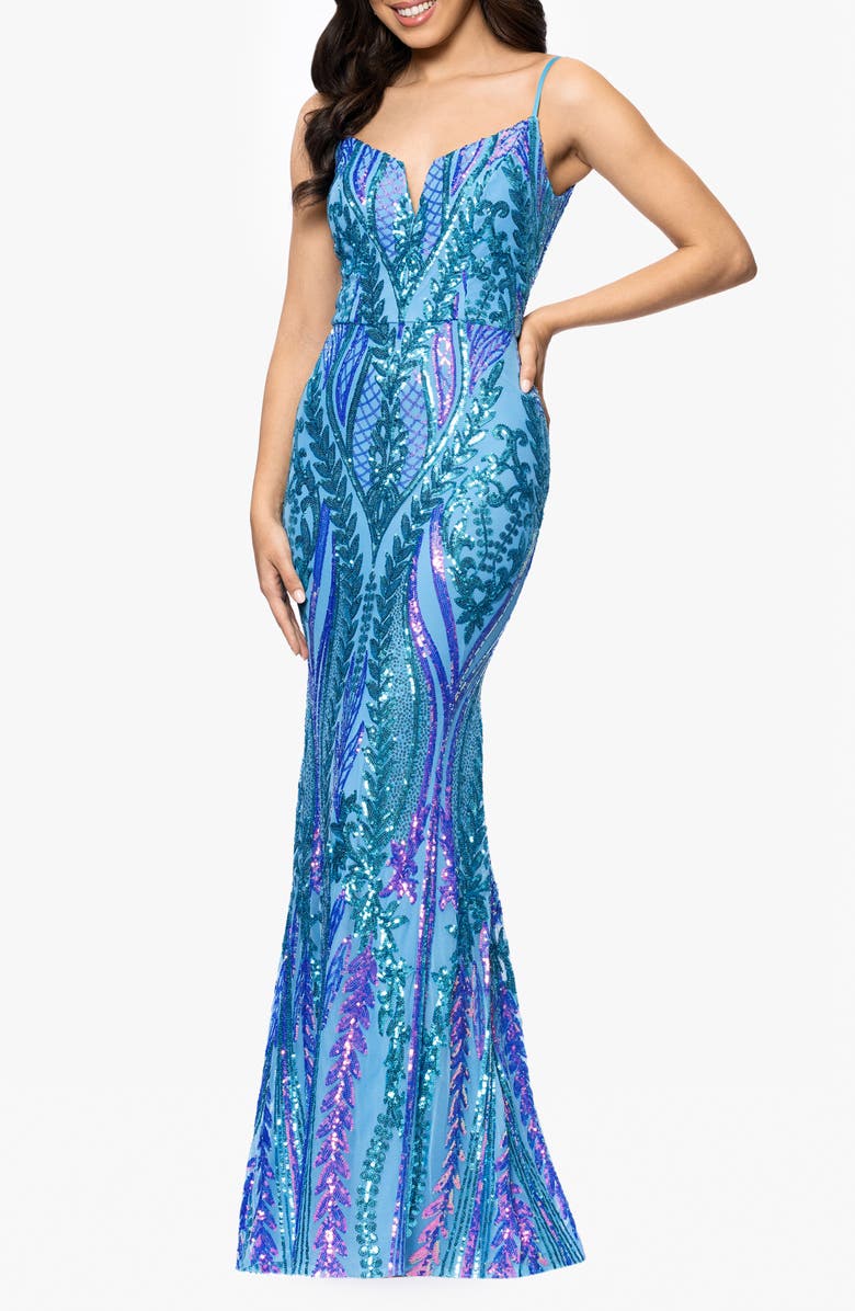 Blondie Nites Sequin Sleeveless Mermaid Gown, Alternate, color, Aqua Multi