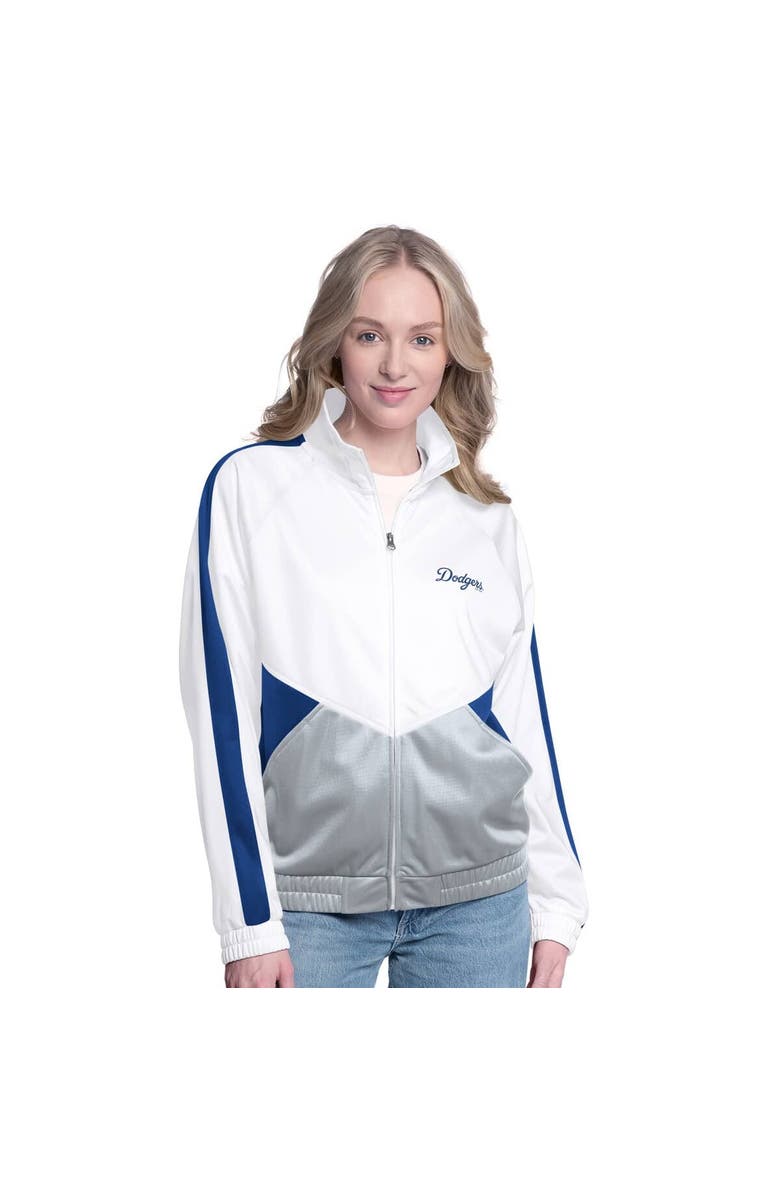 G-III SPORTS BY CARL BANKS Women's G-III Sports by Carl Banks  White/Royal Los Angeles Dodgers Rally Rhinestone Raglan Full-Zip Track Jacket, Main, color, White