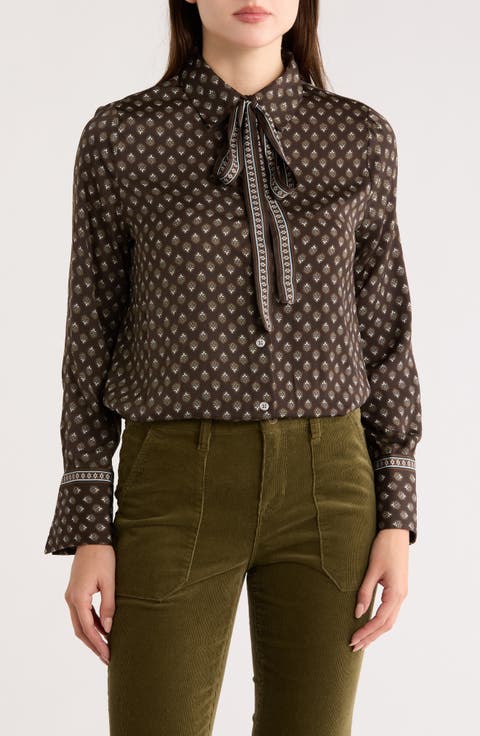 Satin Tie Neck Button-Up Shirt