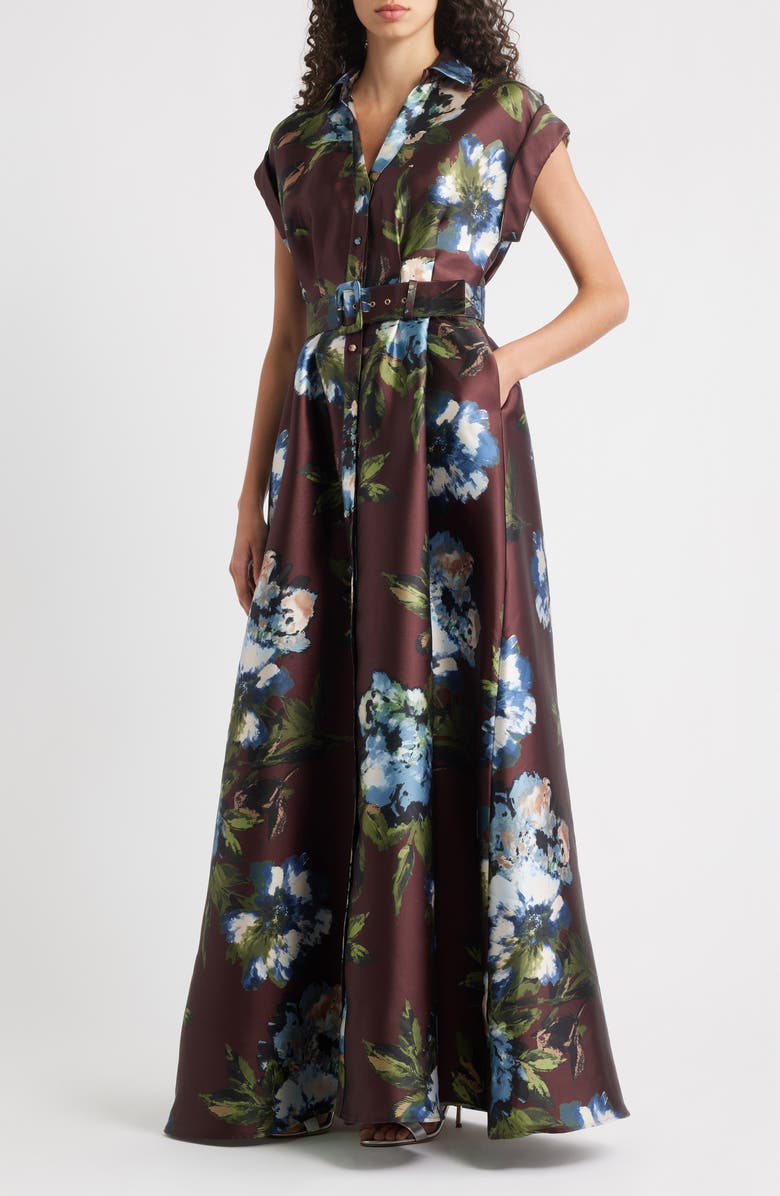 Julia Jordan Floral Print Belted Satin Gown, Main, color, Brown Multi