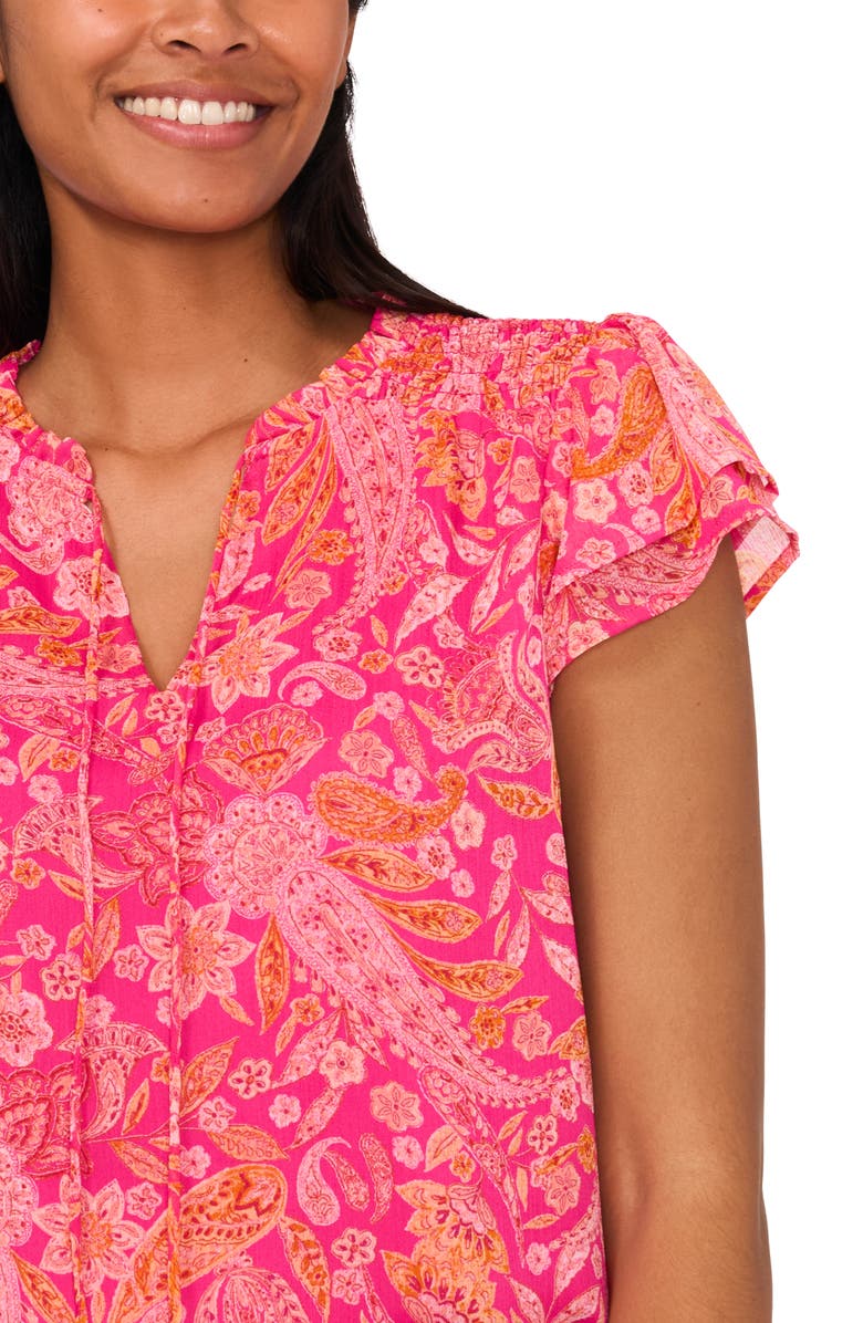 CeCe Print Smocked Shoulder Top, Alternate, color, Bright Rose Pink