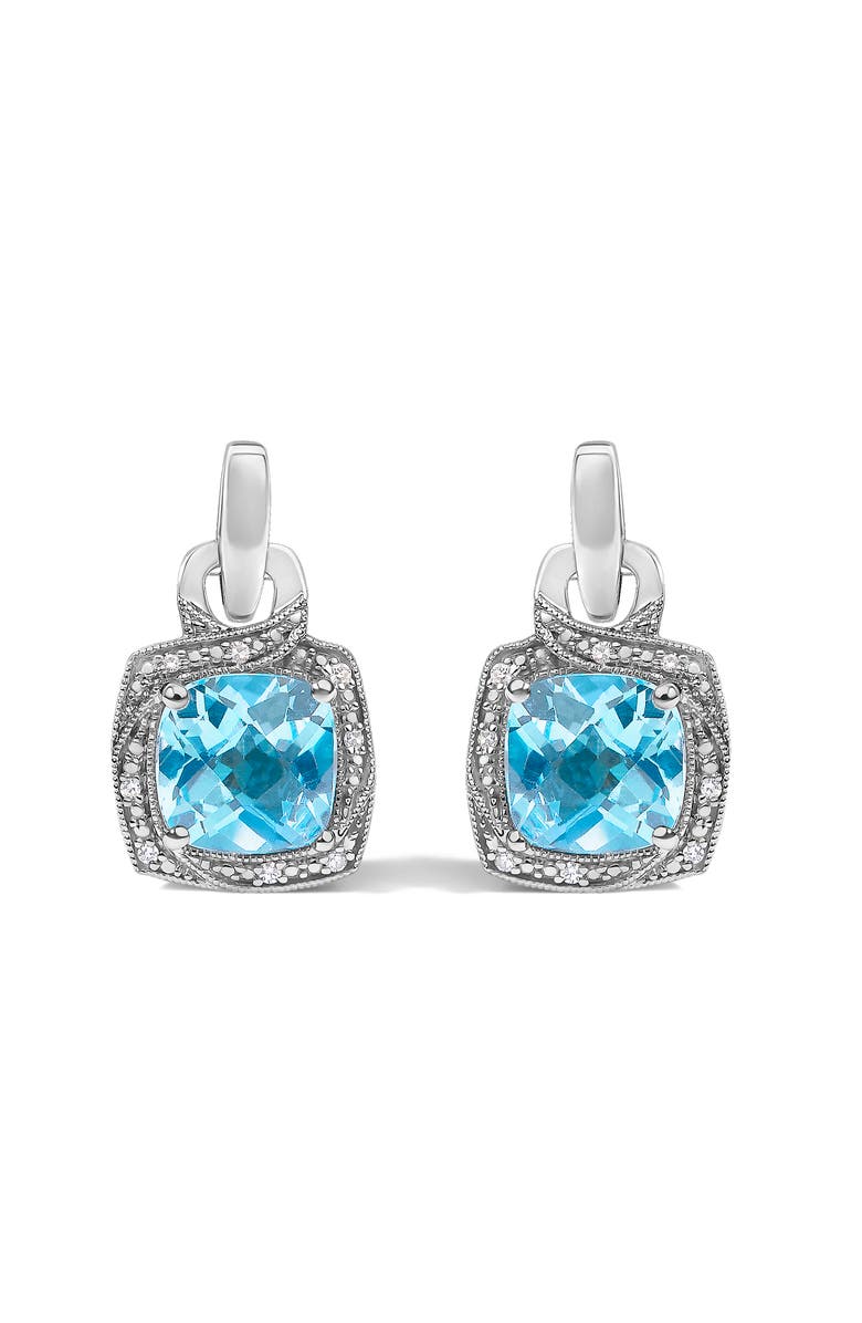 Haus of Brilliance Sterling Silver Cushion Cut Blue Topaz and Diamond Accent Geometric Dangle Earrings, Main, color, Silver