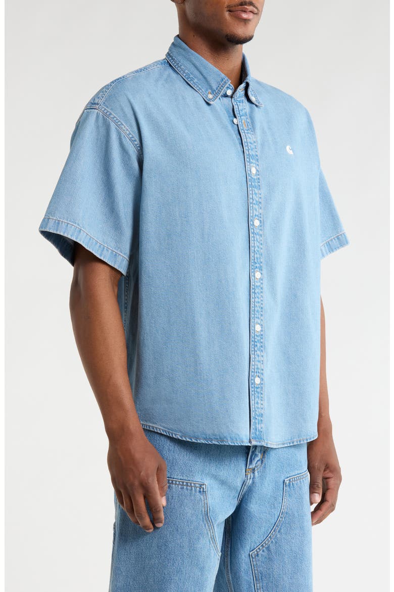 Lucas Short Sleeve Cotton Denim Button-Down Shirt, Alternate, color, LIGHT BLUE