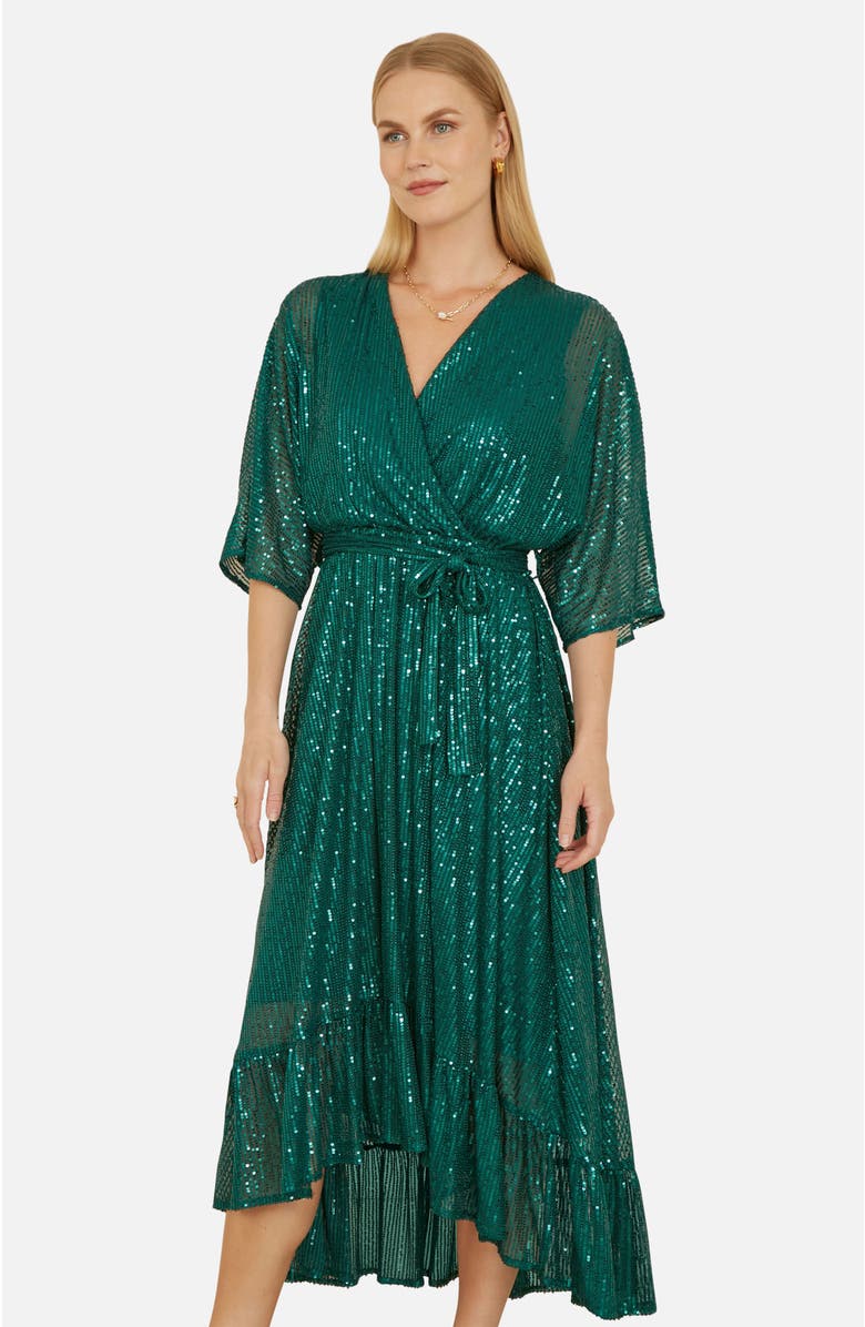 Yumi Sequin Midi Wrap Dress, Alternate, color, Green