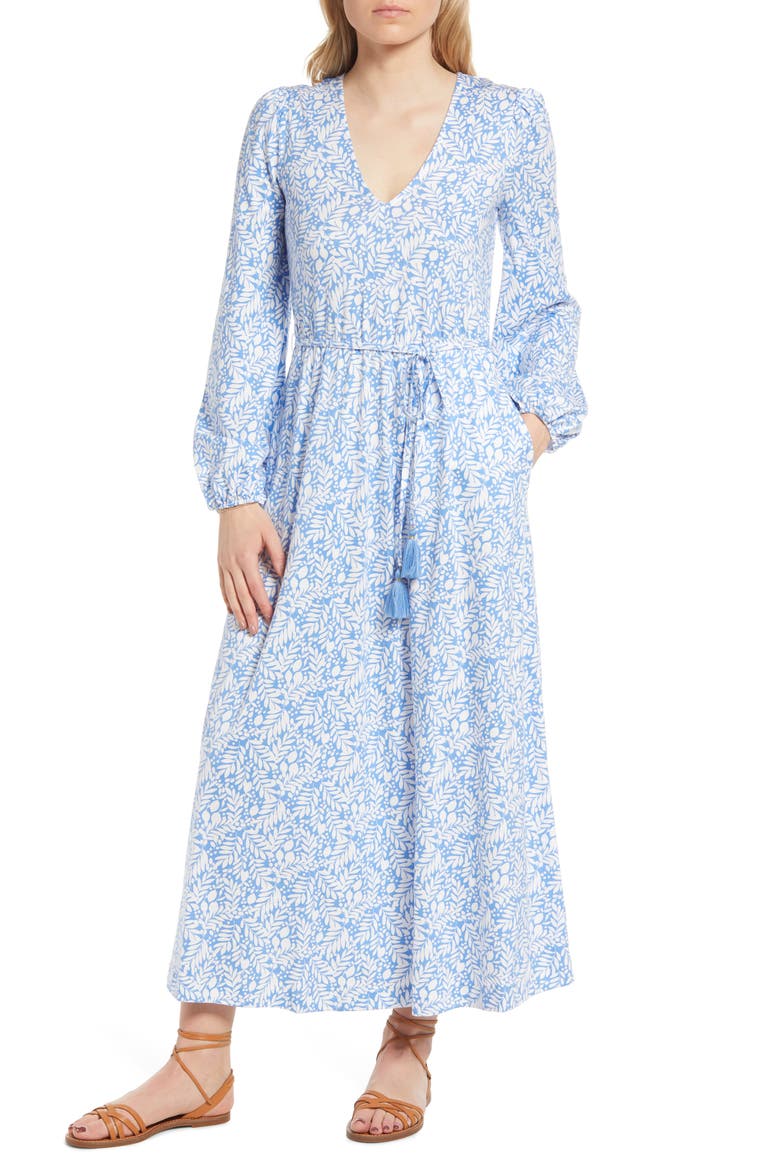 Belted Long Sleeve Jersey Dress, Main, color, GRAPE HYACINTH LEMON FOLIAGE