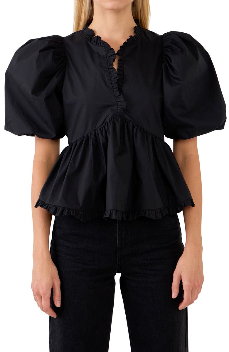 Endless Rose Ruffle Trim Puff Sleeve Peplum Cotton Top, Main, color, 