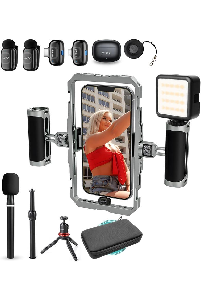iFilmer-PRO Smartphone Rig with Dual Grip Cage, Wireless Lavalier Mics, and Tripod for iPhone and Android, Main, color, Black