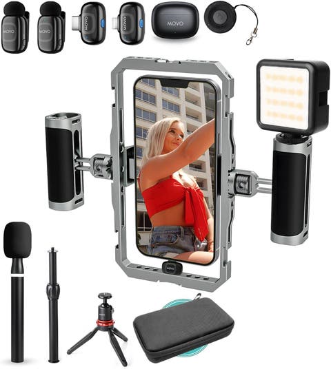 iFilmer-PRO Smartphone Rig with Dual Grip Cage, Wireless Lavalier Mics, and Tripod for iPhone and Android