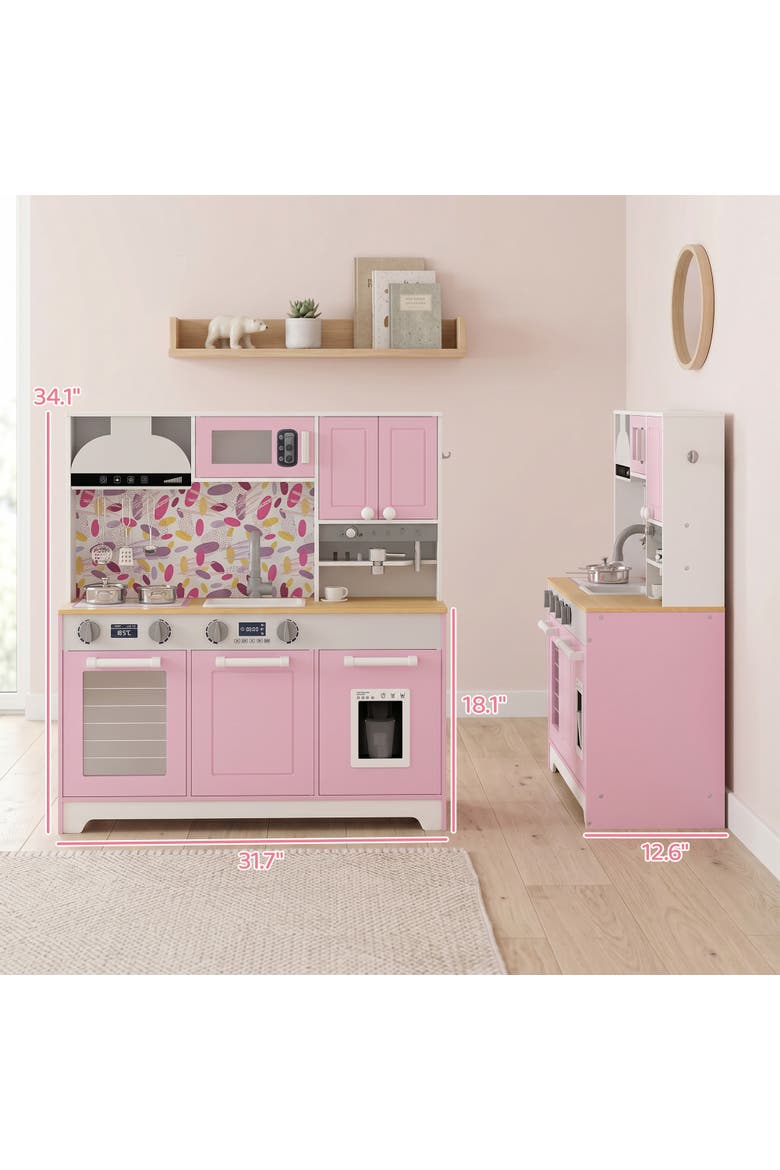 Kids Play Kitchen Set with Sink, Stove, Coffee Maker, Ice Maker, Oven, White, Alternate, color, Pink