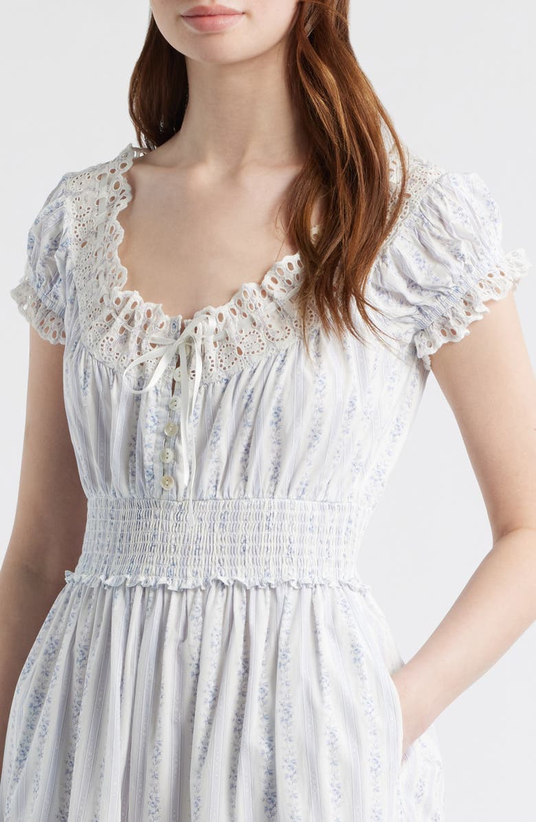 LoveShackFancy Emie Floral Smock Waist Cotton Dress, Alternate, color, Sky Bonnet Blue