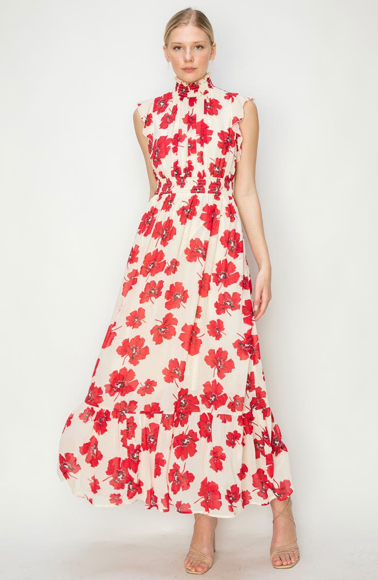 MELLODAY Smocked Mock Neck Tiered Maxi Dress, Alternate, color,