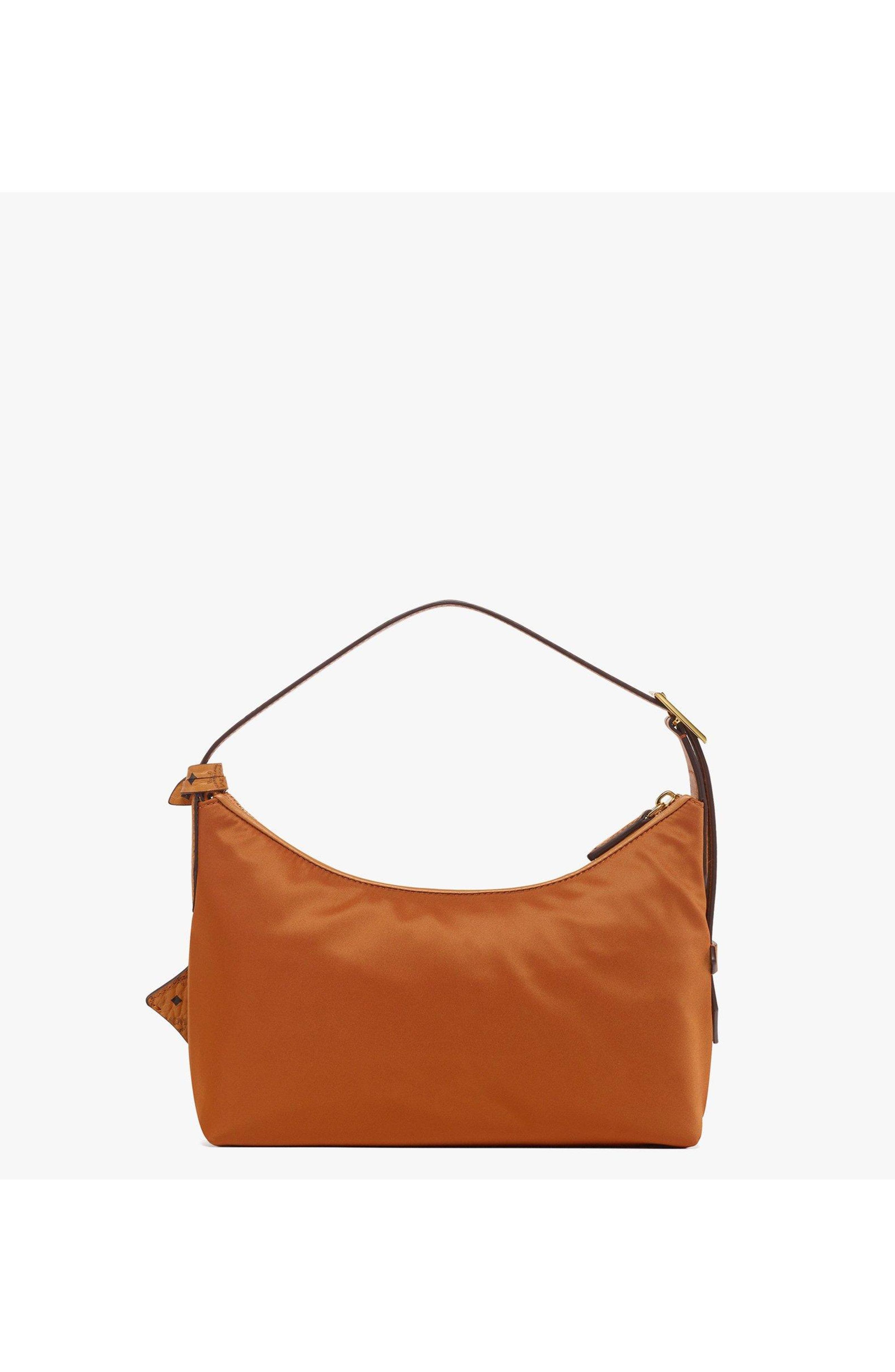 MCM Aren Hobo in Recycled Nylon and Monogram Print Leather, Alternate, color, Cognac