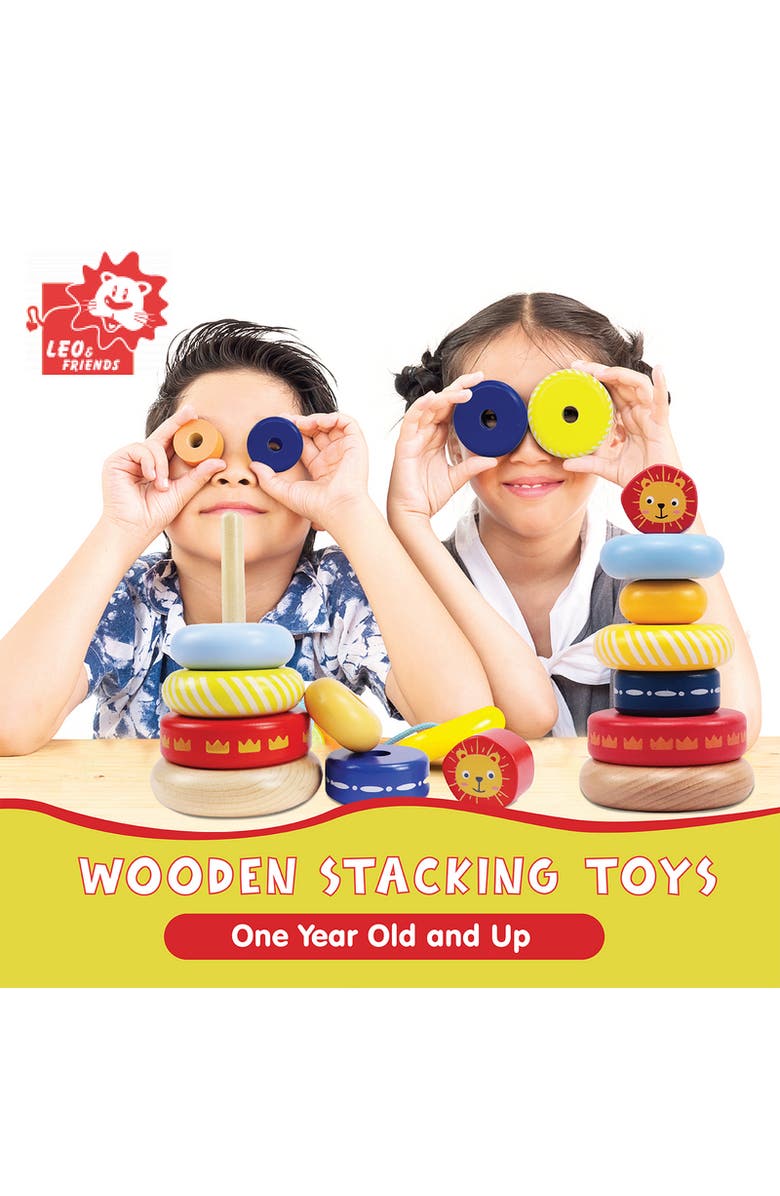 Leo & Friends Leo Stacking Toddler Ring Tower - 7-Piece Blue Wooden Stacker Puzzle, Alternate, color, Yellow